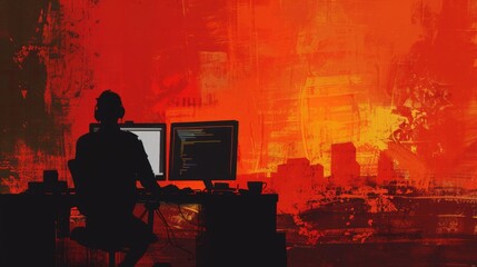 This image embodies dedication, urban intensity, digital creation, solitude, and focus. A silhouette of a programmer coding in front of screens, with a vibrant, abstract cityscape in the background.
