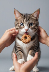 Obraz premium A person offering a cat a treat from their hand. 