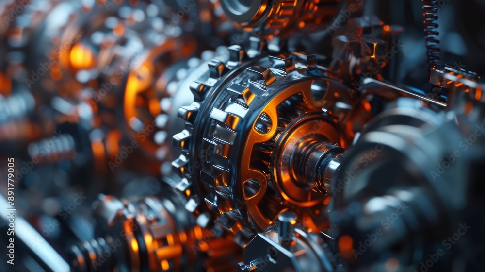 Poster this image showcases a complex system of gears and mechanisms, highlighting the intricate engineerin