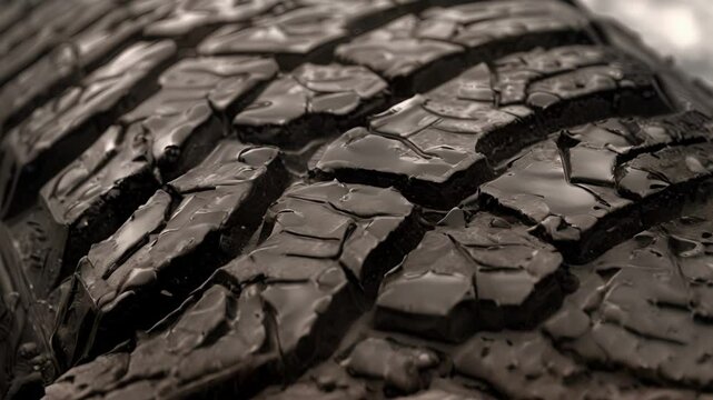 The detailed pattern of this tire tread features a combination of sharp edges and smooth curves providing optimal traction on both wet and dry surfaces.