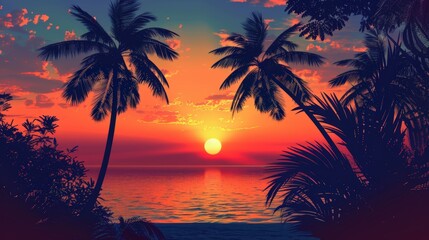 Obraz premium The sunset paints the sky with orange and pink as palm tree silhouettes dance against the horizon. The ocean mirrors the colorful spectacle, creating a stunning view