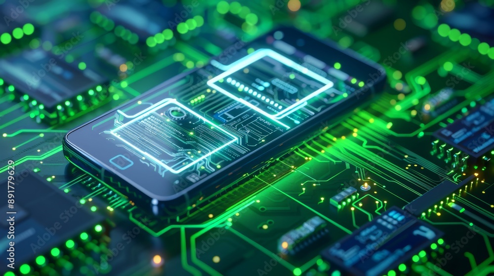 Poster a close-up image of a smartphone resting on a circuit board, symbolizing technological advancement, 