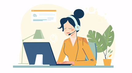 Customer service: a happy call center agent giving advice online using a headset. Operator, telemarketing, and support with a hotline consultant working for "contact us" help or arm consulting.