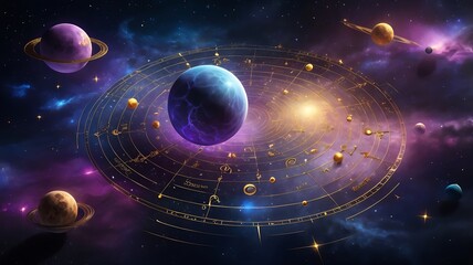 Gold zodiac wheel with planets in space. Ideal for astrology, horoscope, celestial themes, spiritual concepts, and mystical designs.