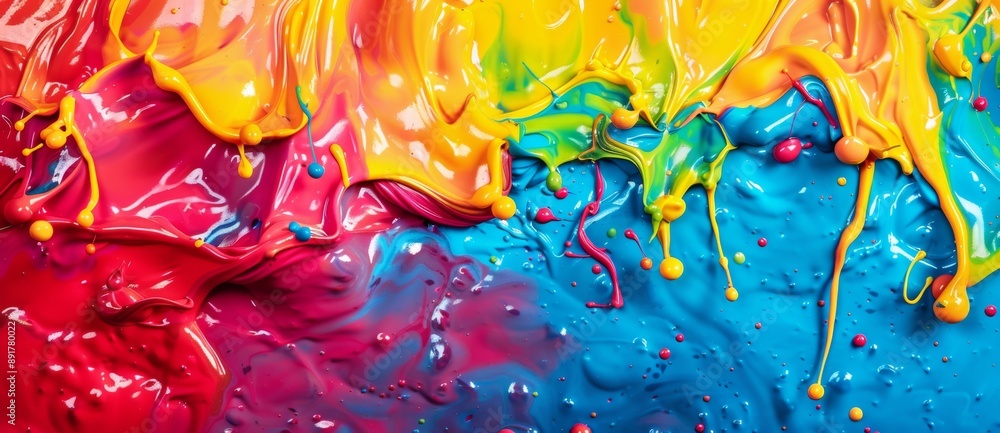 Poster colorful paint mixes on canvas, creating vibrant abstract background with fluid drips and splashes i