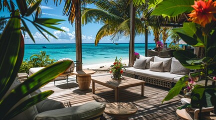 Fototapeta premium This stunning beachfront setting features a cozy lounge area symbolizing relaxation, luxury, natural beauty, paradise, and tranquilityâwith lush tropical plants framing a turquoise ocean view.