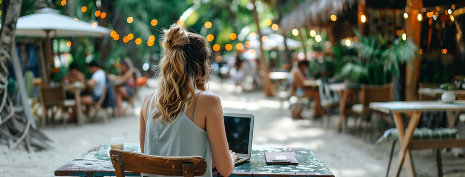 wide closeup photo of beautiful businesswoman relaxing in a summer holiday, sitting on a beach resort table and looking, working with laptop computer, beautiful beach background and morning vibes  