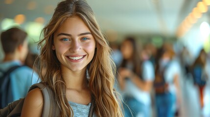 a smiling Caucasian schoolgirl wearing a backpack standing in school hallway and surrounded by other students .