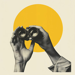 Abstract Black And White Hands Holding Binoculars With Yellow Circle