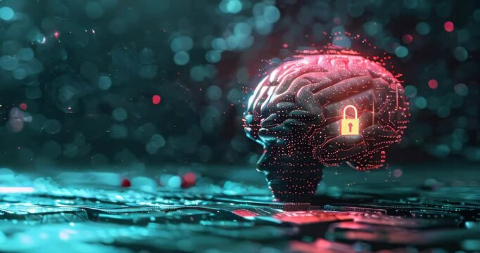 Illustrating AI ethics with a glowing brain and lock in a digital artwork representing ethical concerns. AI ethics