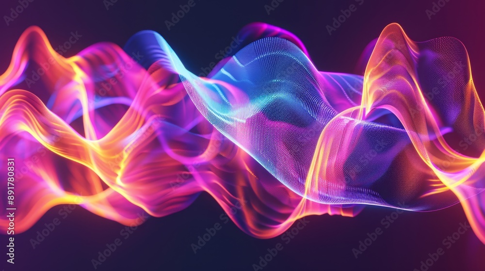 Poster a vibrant visualization of dynamic waveforms in neon colors symbolizing energy, motion, creativity, 