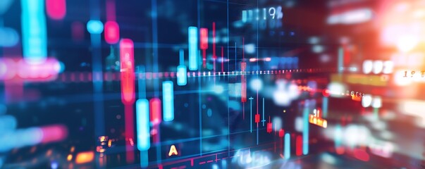 High-definition image of a candlestick chart with financial data on a digital screen, abstract blurred business items in foreground.