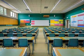 A spacious, well-lit empty classroom with neat rows of desks, a whiteboard at the front, and colorful educational charts