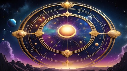 Golden astrological chart with planets, stars, and distant landscape. Suitable for astrology websites, horoscope articles, or celestialthemed designs.