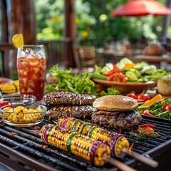 Outdoor Barbecue with Burgers and Grilled Corn