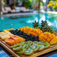 Tropical Fruit Platter with Sliced Mango and Kiwi by the Pool