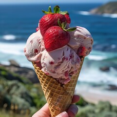Strawberry Ice Cream Cone with Fresh Strawberries by the Beach