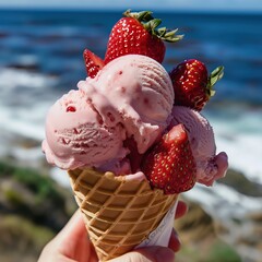 Strawberry ice cream scoops in a waffle cone, topped with fresh strawberries, held by a hand with a beach view in the background