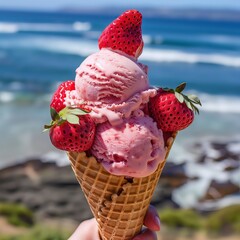 Delicious Strawberry Ice Cream in Waffle Cone with Fresh Strawberries on the Beach