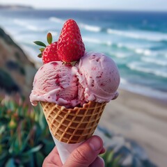 Refreshing Strawberry Ice Cream Cone with Fresh Berries by the Ocean