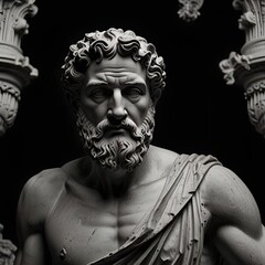 Black and white greek marble stoicism figure statue with black background