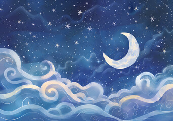 Fototapeta premium Dreamy Night Sky with Moon and Clouds