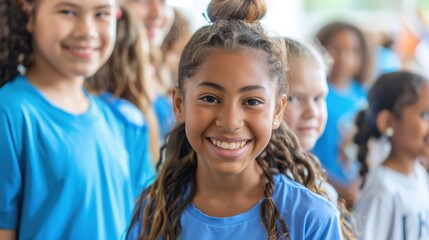 A group of children wearing blue shirts participate in an after-school program led by volunteers