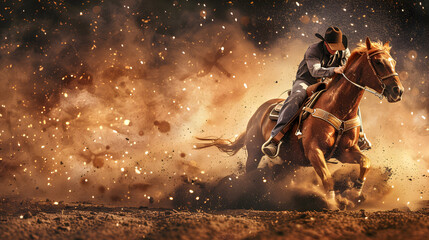 Obraz premium A man on horseback galloping across a dusty field
