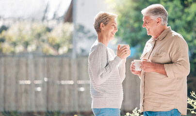 Senior, couple and coffee with conversation by window in morning, happiness and speaking with love for marriage. Mature, man and woman with warm beverage in family house, bonding and relationship.