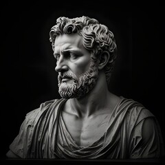 Black and white greek marble stoicism figure statue with black background