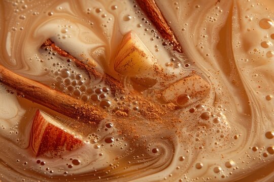 a cup of coffee with cinnamon and apples