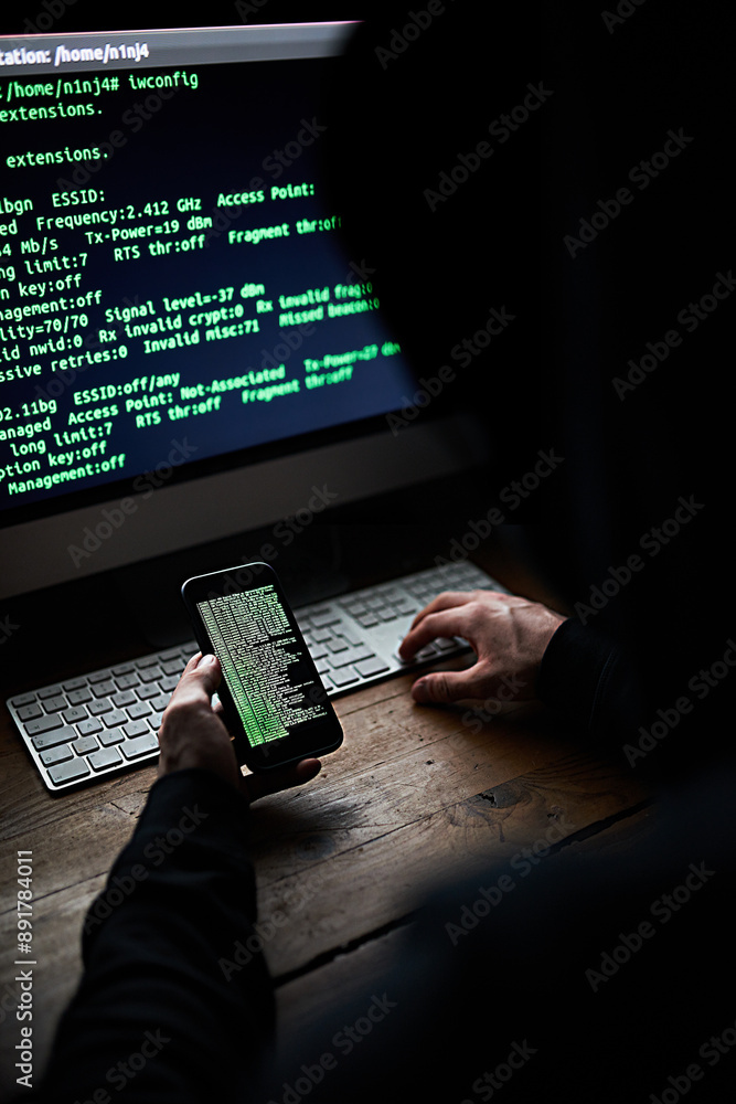 Poster dark, computer and hacker phone with coding for password info, malware or internet crime. screen, pe