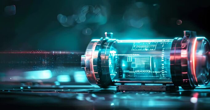 Futuristic energy readings on a built-in holographic screen of an electric accumulator. Electric accumulator