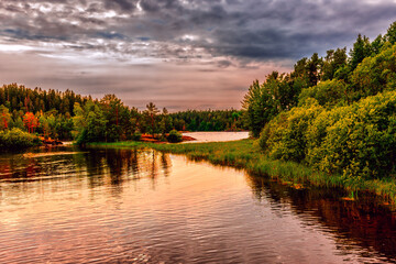 Evening landscape of the bay on Lake Ladoga in the Valaam archipelago