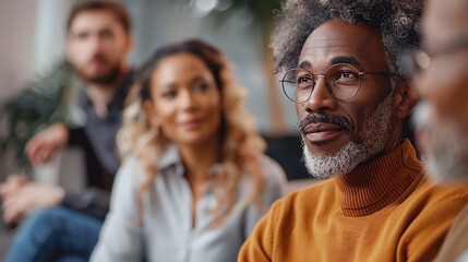 Obraz premium Portrait of group diverse people talking in debate session in office, discussing topics. Engaged audience at a casual business presentation or seminar. 