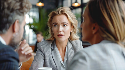  Portrait of group diverse people talking in debate session in office, discussing topics. Multiethnic group of business people working in an office. People Engaged in Table Discussion.