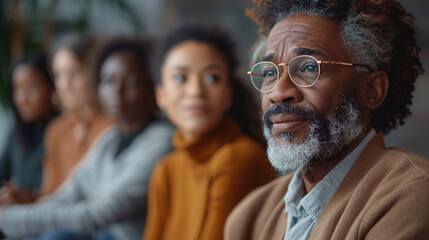 Obraz premium Portrait of group diverse people talking in debate session in office, discussing topics. Engaged audience at a casual business presentation or seminar. 