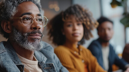 Portrait of group diverse people talking in debate session in office, discussing topics. Engaged audience at a casual business presentation or seminar. 