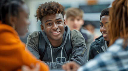 Portrait of group students African American guy talking in debate session in school, discussing topics, education. 