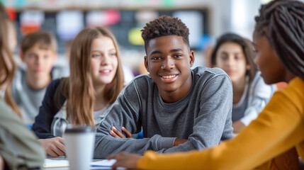 Obraz premium Portrait of group students African American guy talking in debate session in school, discussing topics, education. 