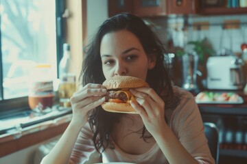 Woman Enjoying a Delicious Hamburger at a Casual Dining Table