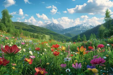 Blooming alpine meadow with vibrant wildflowers and majestic mountains under a bright blue sky with scattered clouds, perfect natural beauty.