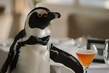 a penguin is standing next to a glass of wine
