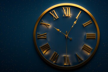 Golden Analog Clock with Roman Numerals, Glowing Hands against Dark Background