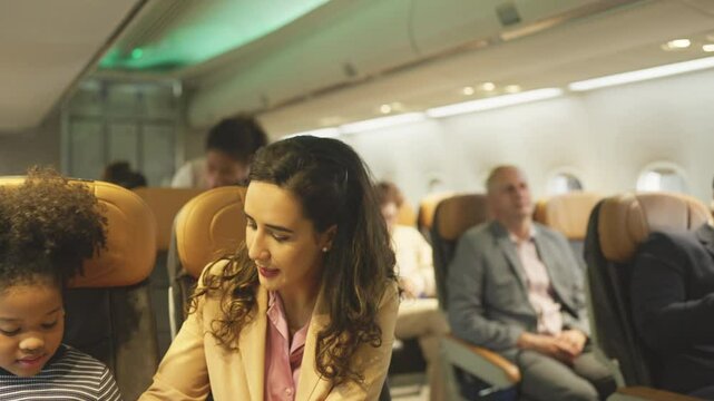 Business woman check the safety to her kid with air hostess sevice the other customer on the background before take off from the airport.