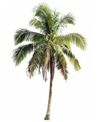 A single coconut palm tree with lush green fronds isolated on a white background