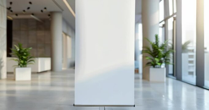 Customizable roll-up mockup poster in a contemporary event space, ideal for showcasing event information or sponsor logos, clean design, minimalism. Roll up mockup poster
