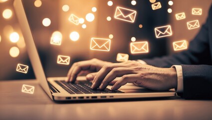 Person Typing Email on Laptop With Glowing Envelopes