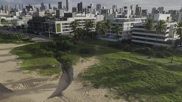 Drone flies from sea over beach toward a croup of palm trees in front of high-rise apartments