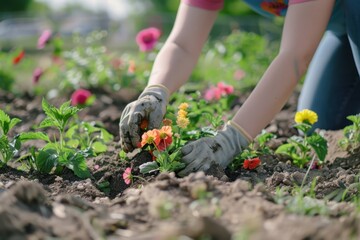 Fototapeta premium a woman is picking flowers in the garden